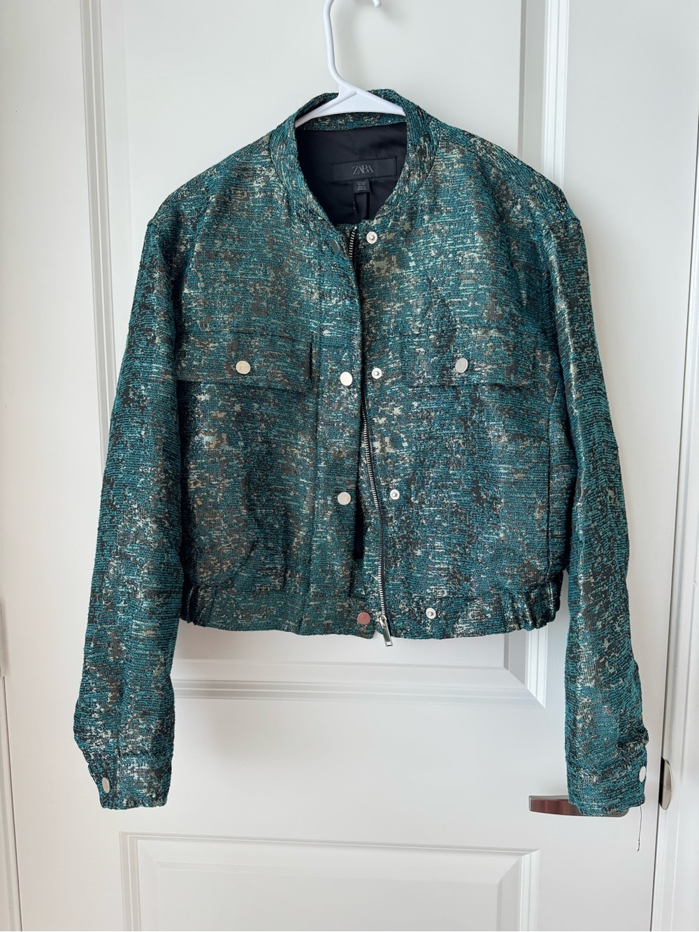 Zara Teal Green Metallic-Thread Bomber Jacket - Picture 3 of 11